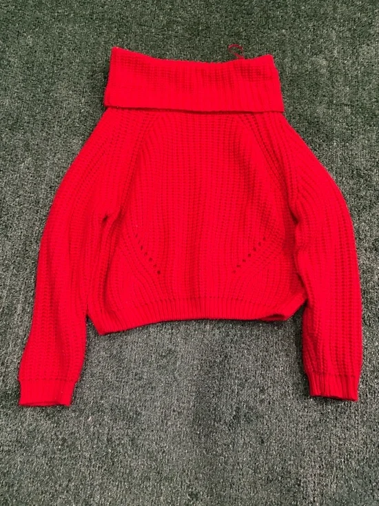 moon & madison Bright Red Off-the-Shoulder Fold-Over Sweater - Picture 1 of 3